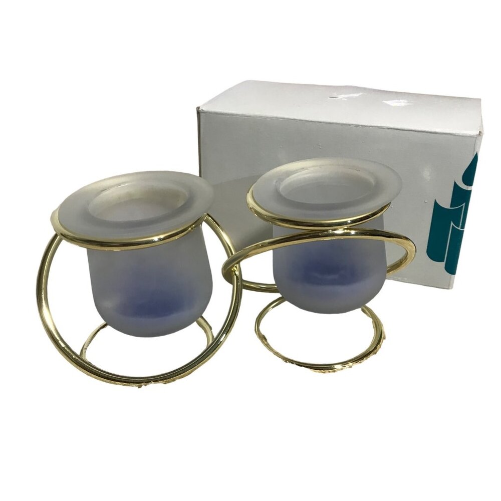 PartyLite Votive Candle Holders Gemini Frosted Glass Gold Rings 4" Original Box